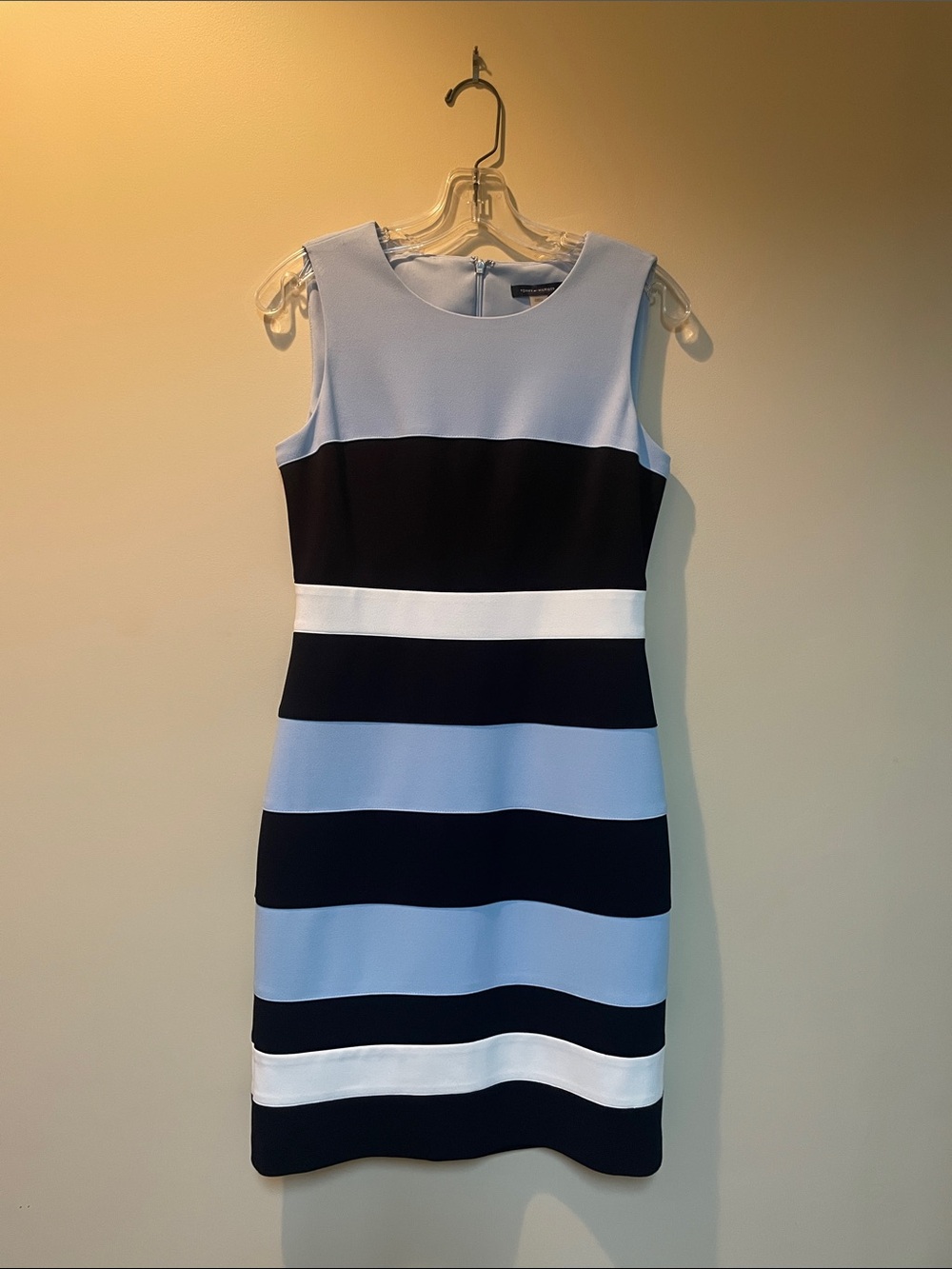 Tommy Hilfiger Sleeveless Light Blue, Black & White Striped Midi Dress